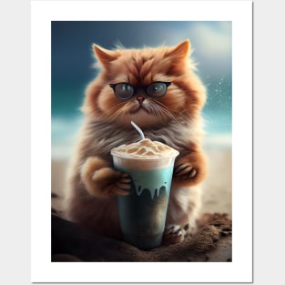 Cute Cat Drinks Coffee at the beach Posters and Art